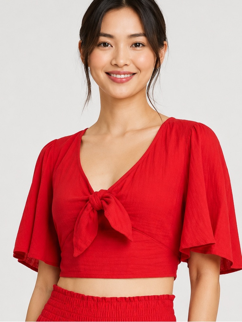 a new day Red Tie-Front Crop Top with Flutter Sleeves